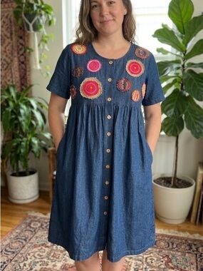Go Softly Patio Denim Boho Artisan Applique Dress M - WITH POCKETS